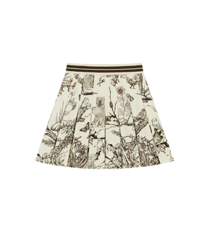 A pleated mini skirt featuring a brown and cream toile-style print with botanical and animal motifs, finished with a striped waistband.